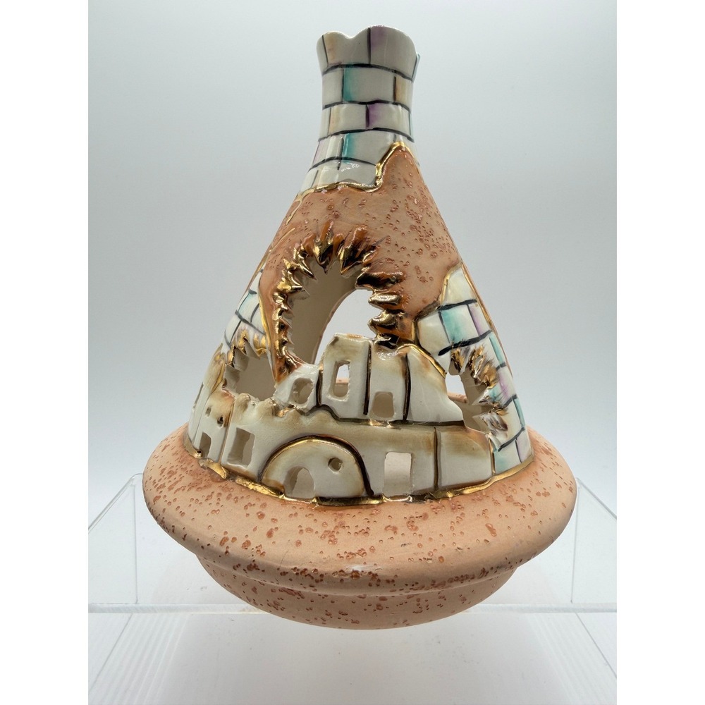Nizhoni Originals Ceramic Teepee Candle Holder Southwestern Village Gold Accents
